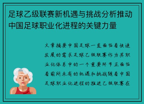 足球乙级联赛新机遇与挑战分析推动中国足球职业化进程的关键力量